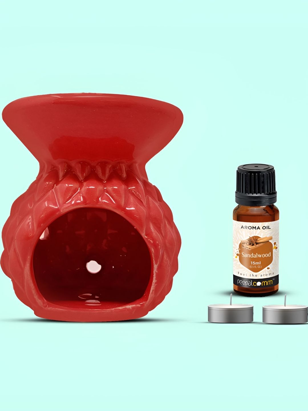 PEEPALCOMM 4Pcs Red Textured Ceramic T-light Aroma Diffuser With Sandalwood Oil - 15 ml-picture-48