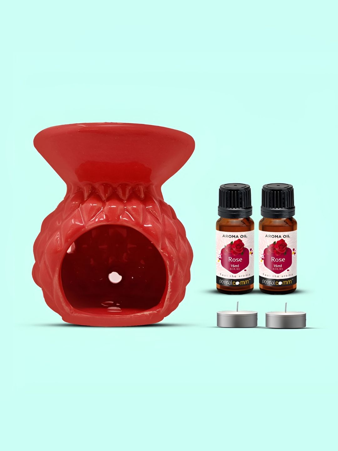 PEEPALCOMM 5Pcs Red Textured Ceramic T-light Aroma Diffuser With Rose Oils - 15 ml Each-picture-24