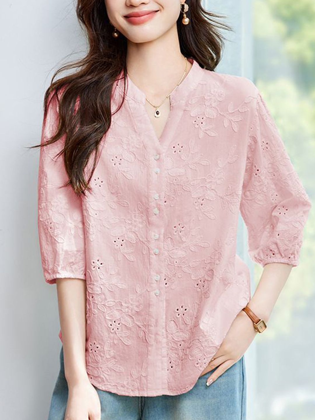 StyleCast Pink V-Neck Floral Top with Three-Quarter Sleeves-picture-37