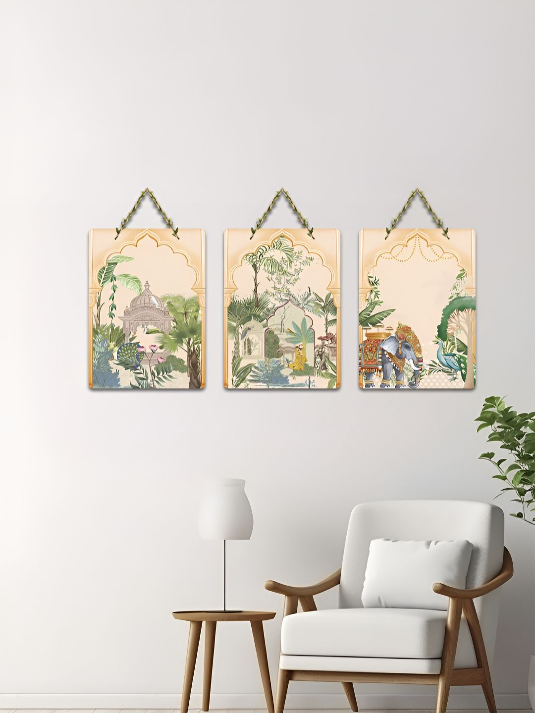 ArtVibes 3-Pcs Beige & Green Regal Courtyard Chronicles Printed Wooden Wall Hanging Decor-picture-29