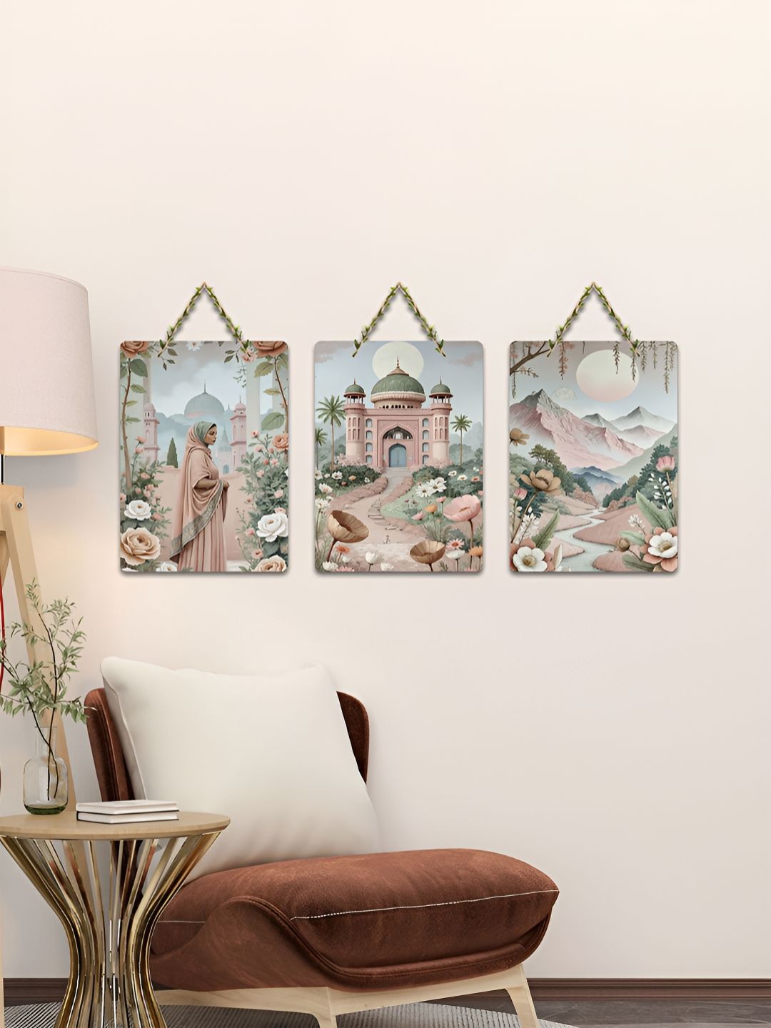 ArtVibes 3-Pcs Beige & Green Tranquil Mughal Dreams Printed Wooden Wall Hanging Decor-picture-25