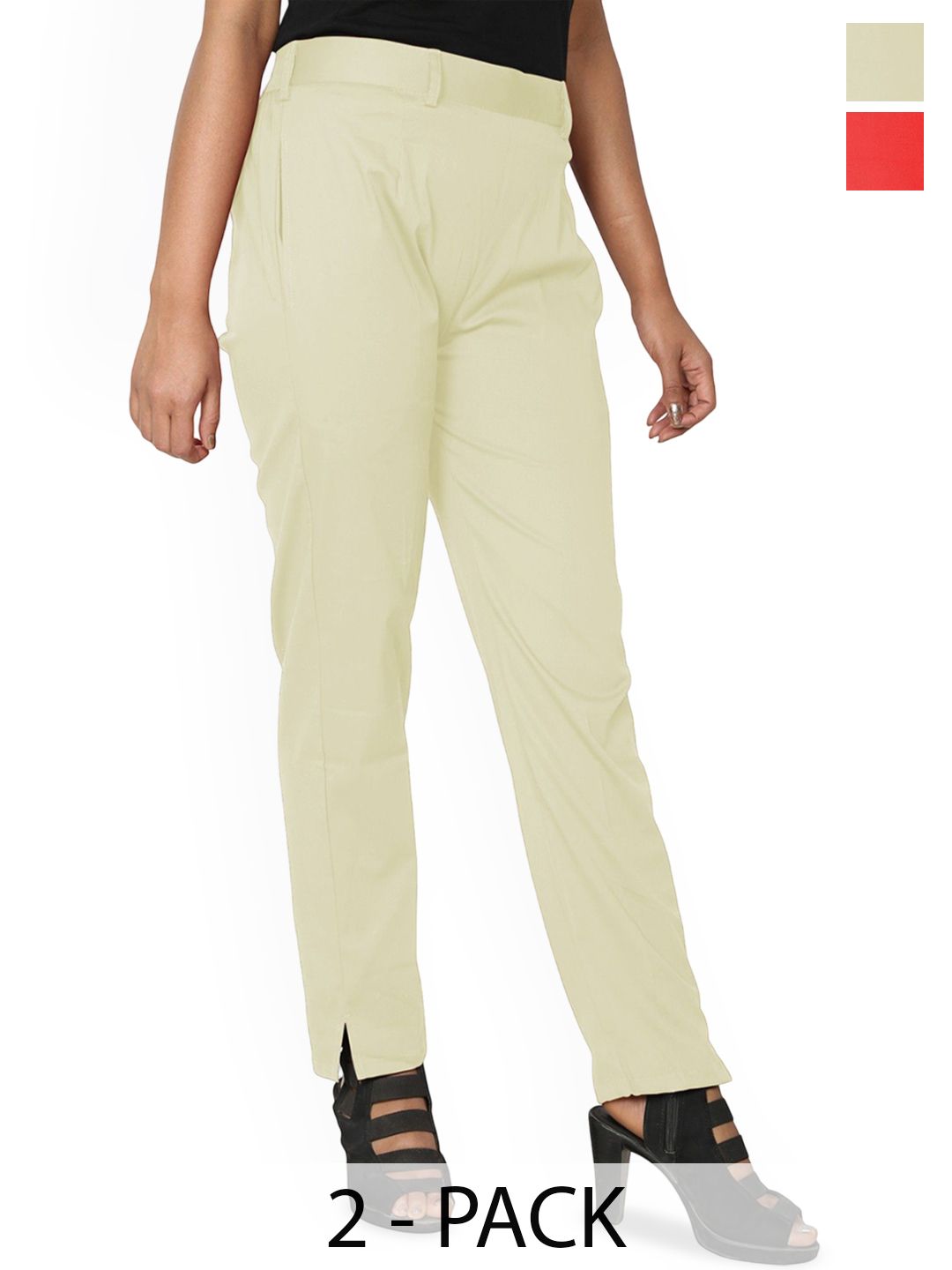 SRISARAS Pack of 2 Women Mid-Rise Pleated Cotton Peg Trousers-picture-27