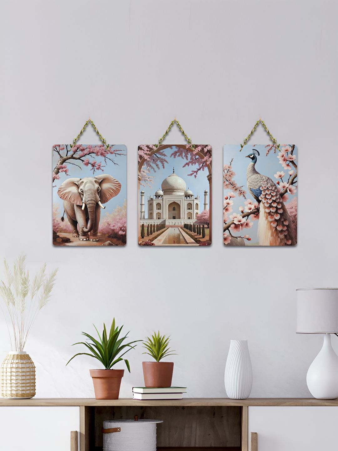 ArtVibes Pink & Blue 3 Pieces Elephant Taj & Peacock Printed Wooden Wall Hanging Decor-picture-20