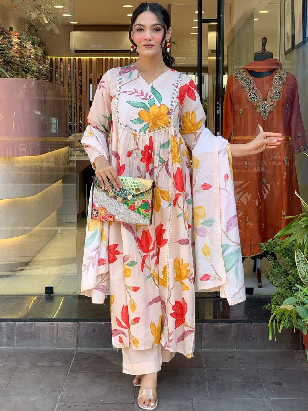 KALINI Women Floral Embroidered Regular Thread Work Kurti & Trousers With Dupatta