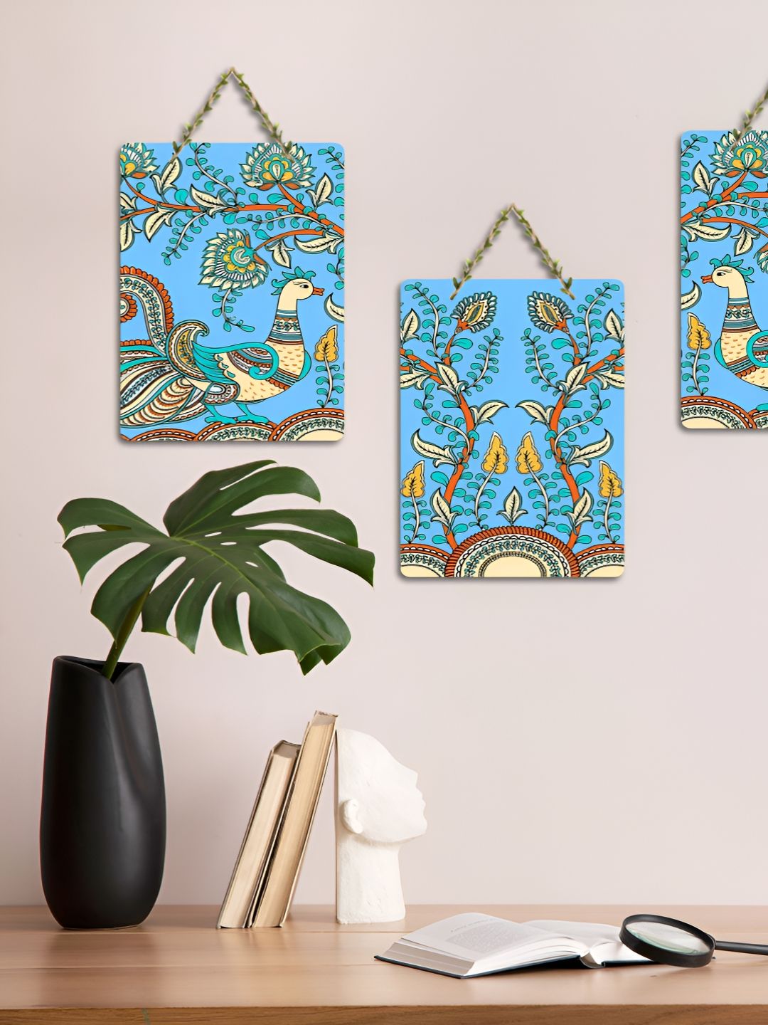 ArtVibes 3-Pcs Blue & Green Kalamkari Printed Wooden Wall Hanging Decor-picture-11