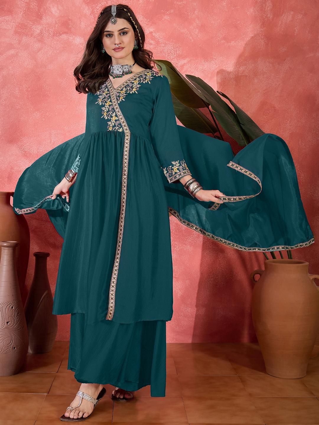 Sangria Women Embroidered V-Neck Anarkali Kurta With Palazzos & Dupatta
