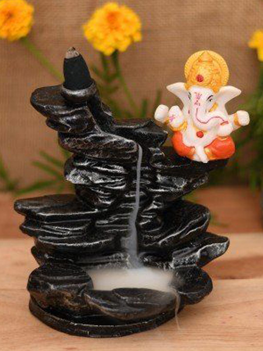 CRAFTAM Black & White Ganesha Sitting Near Smoke Backflow Fountain With 1 Scented Cone-image-2