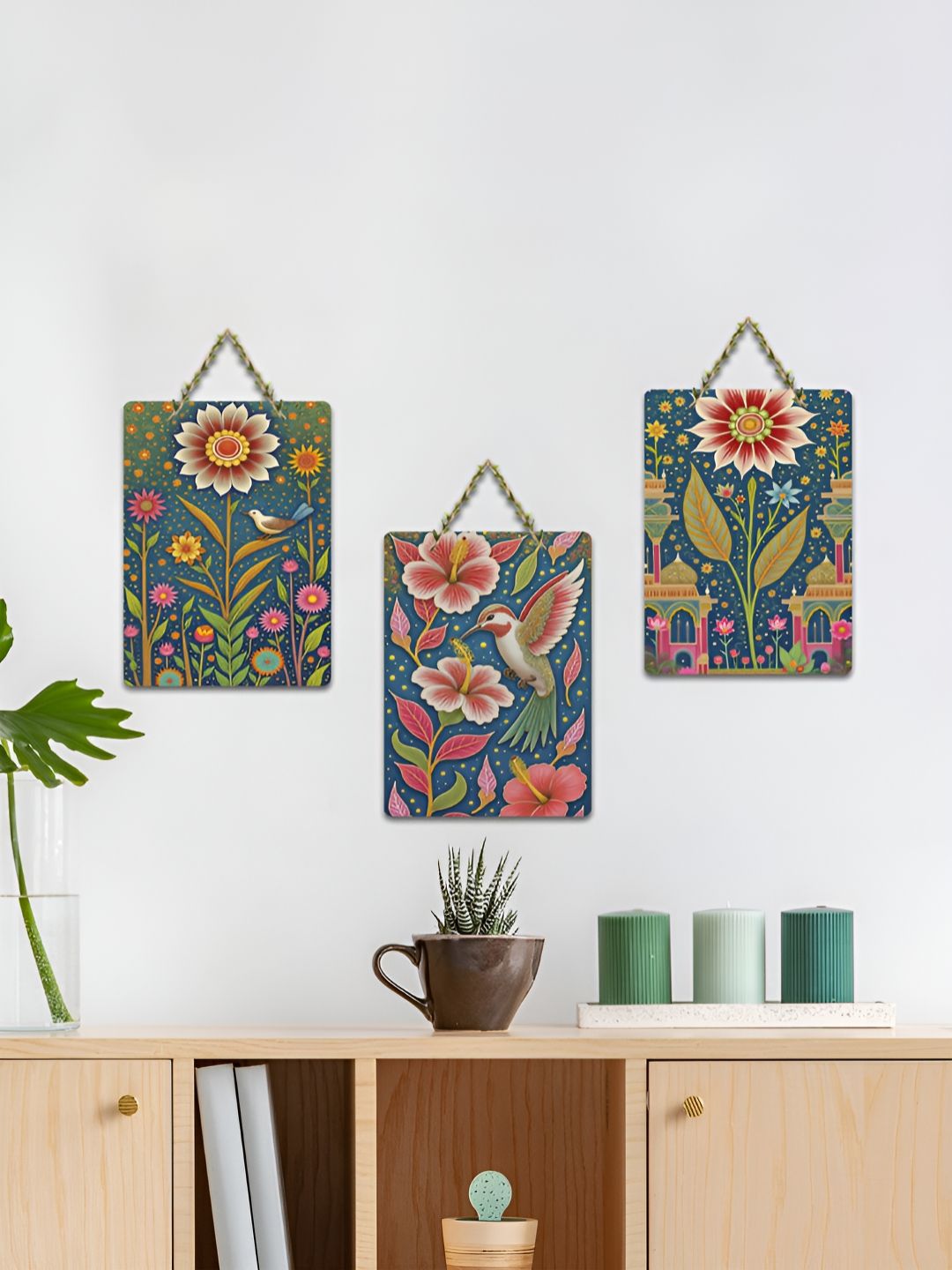 ArtVibes Green & Pink 3 Pieces Tales of Petals & Wings Printed Wooden Wall Hanging Decors-picture-16