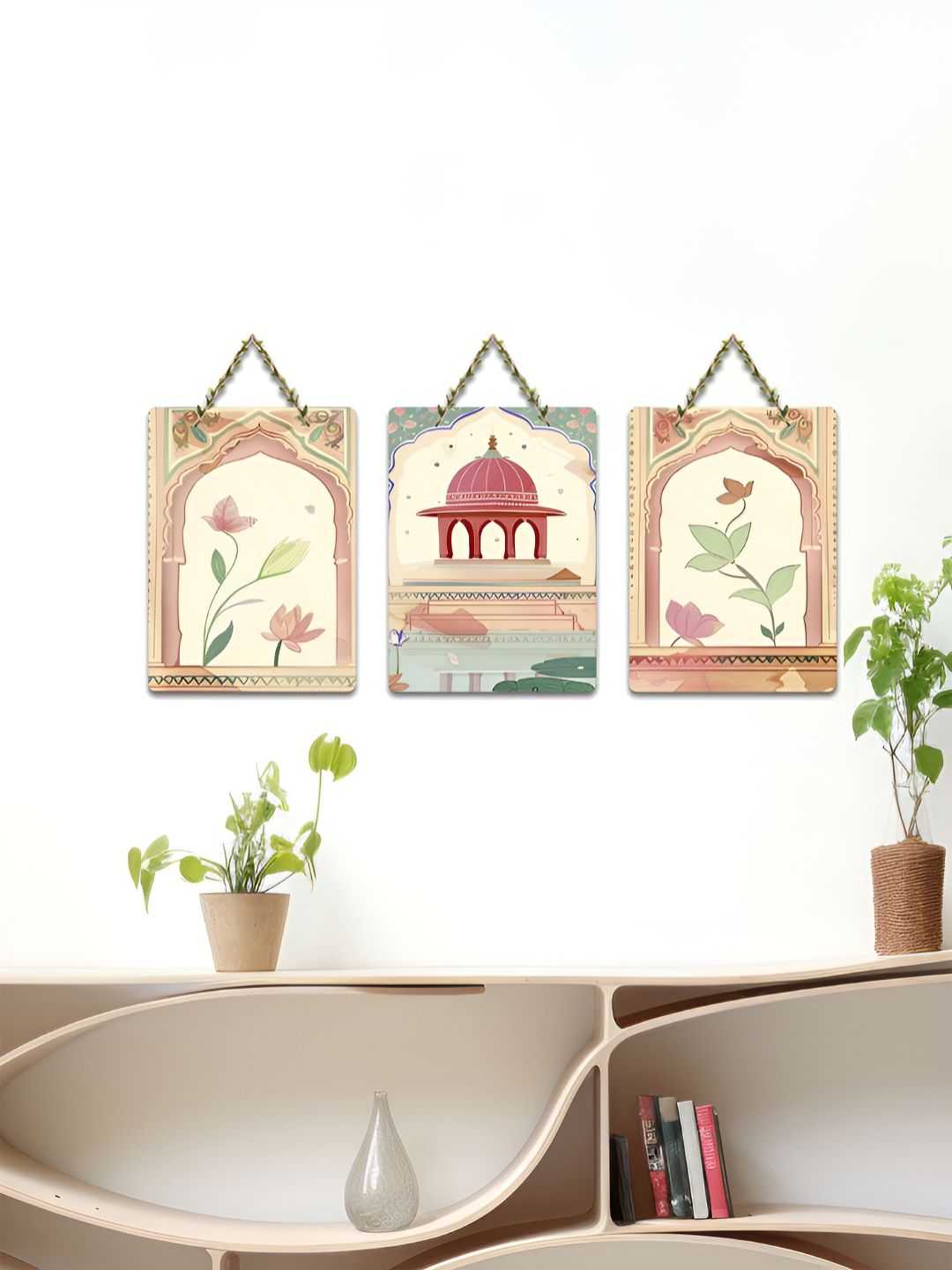 ArtVibes Beige & Red 3 Pieces Jaipur Dreams Arches & Blooms Wooden Wall Hanging Decors-picture-19