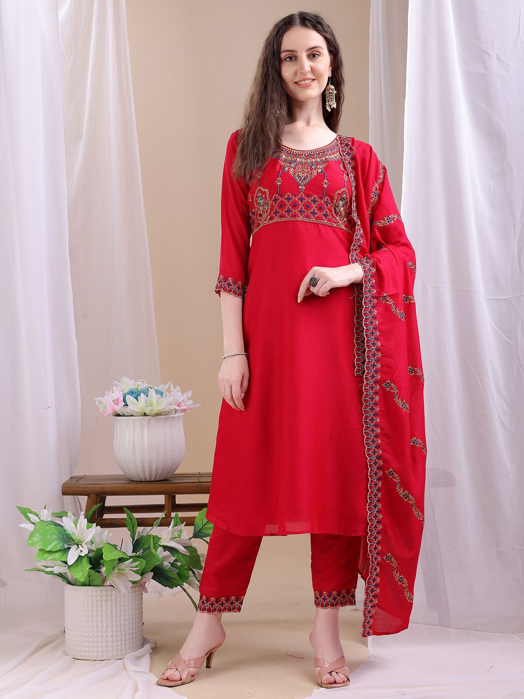 KALINI Ethnic Design Yoke Design Round Neck Anarkali Kurta With Trouser & With Dupatta