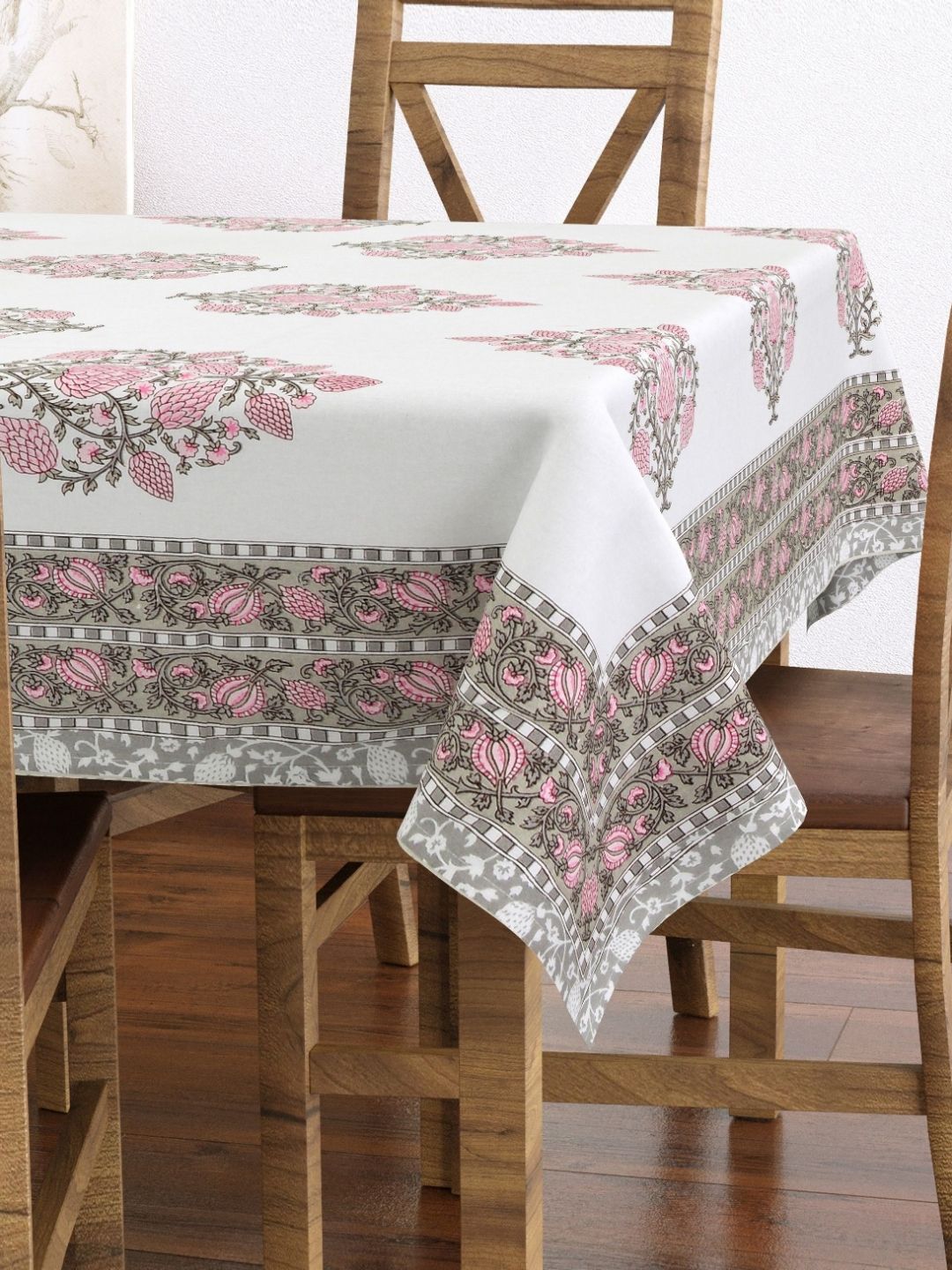 Texstylers White & Grey Floral Printed Rectangular Anti-Slip Cotton 6-Seater Table Cover-image-38