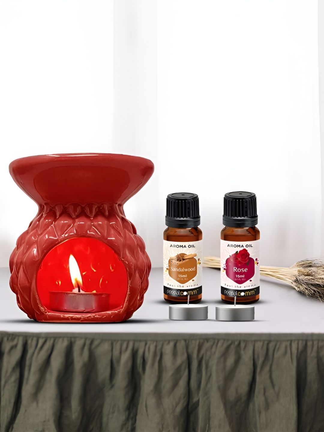 PEEPALCOMM 5Pcs Red Textured Ceramic T-light Aroma Diffuser With Oils - 15 ml Each-picture-20
