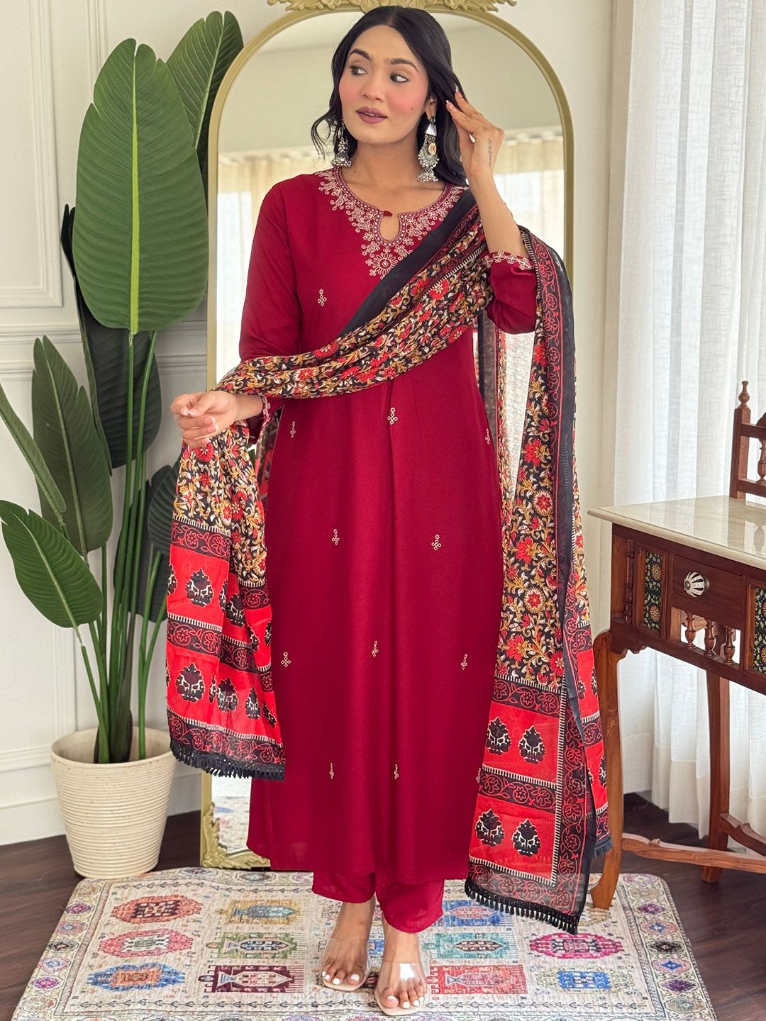 KALINI Floral Embroidered Keyhole Neck Zari Straight Kurta With Trousers & Dupatta