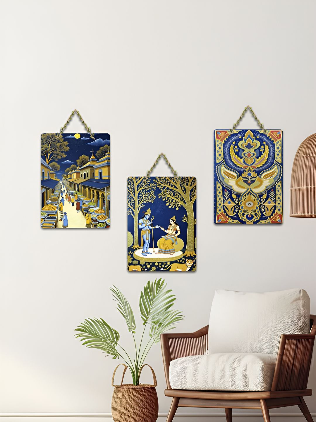ArtVibes Green & Blue 3 Pieces Vrindavan Vignettes Printed Wooden Wall Hanging Decors-picture-24