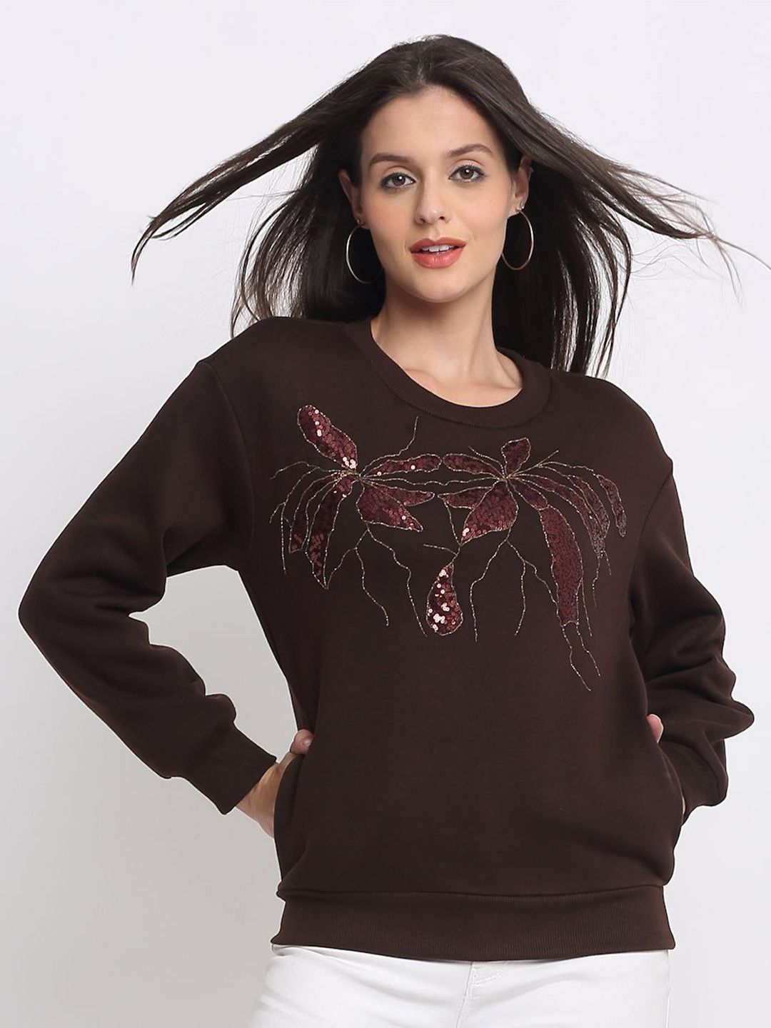 SHAYE Brown Round Neck Embroidered Long Sleeves Sweatshirts For Women