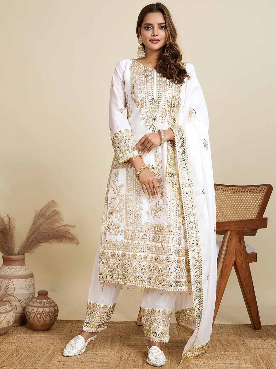 AKSHARAM Floral Embroidered Round Neck Sequinned Kurta With Trousers & Dupatta