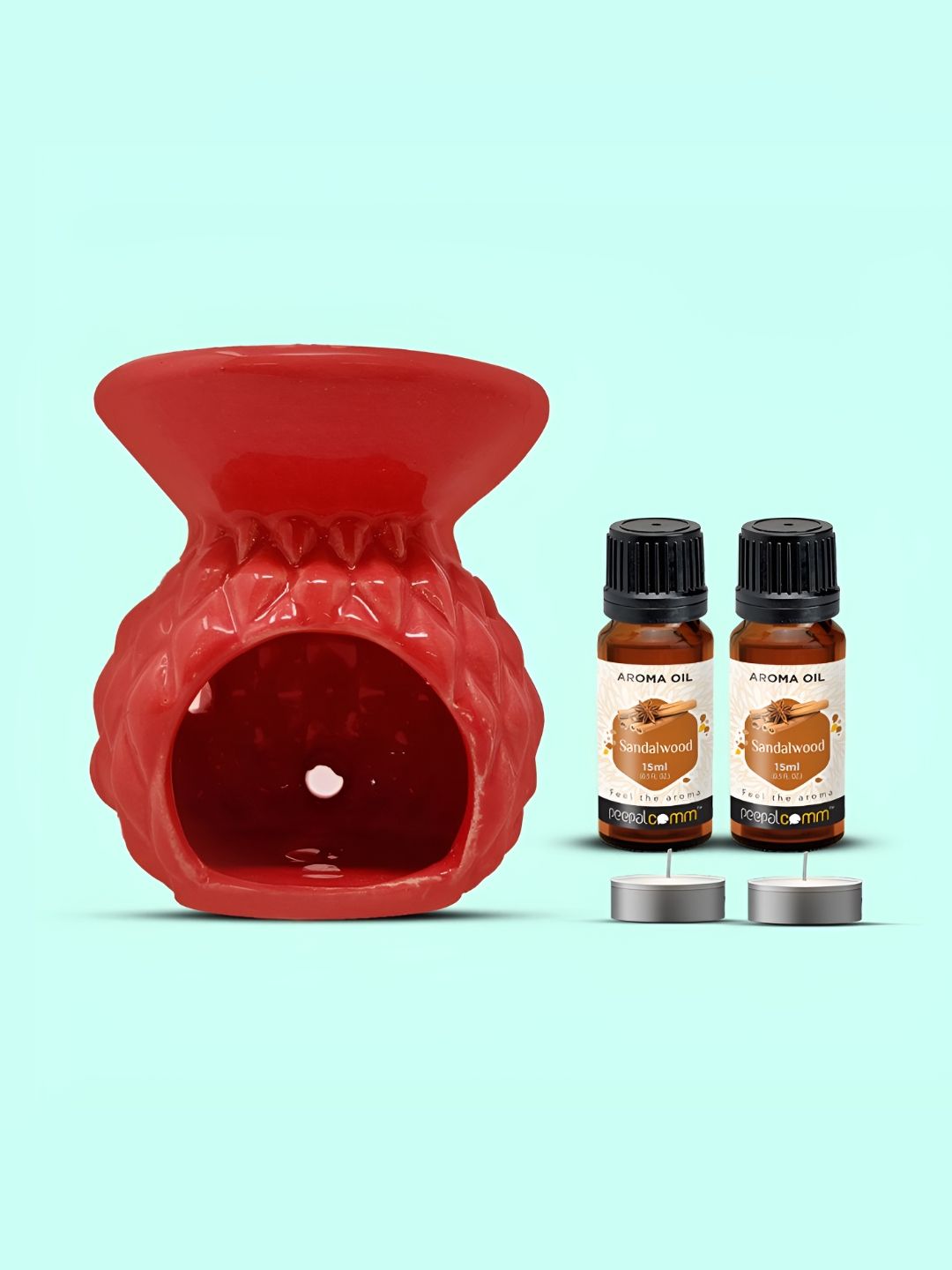 PEEPALCOMM 5Pcs Red Textured Ceramic T-light Aroma Diffuser With Sandalwood Oils - 15 ml-picture-17