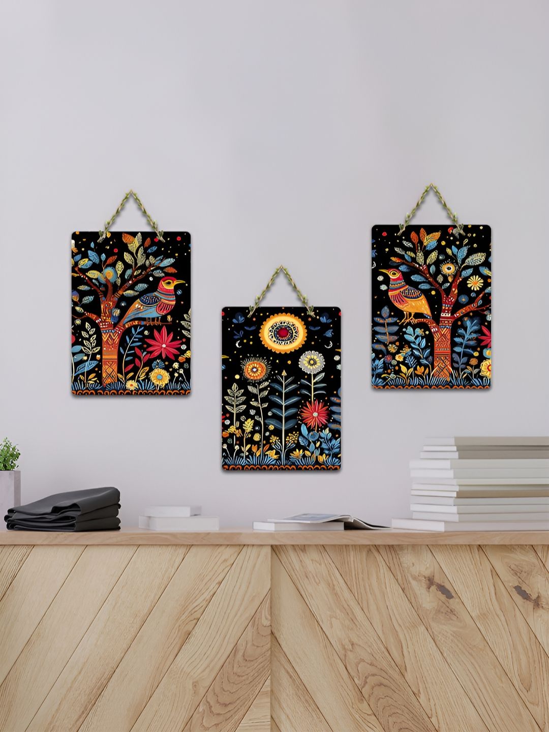 ArtVibes 3-Pcs Black & Green Folk Birds & Bloom Trio Printed Wooden Wall Hanging Decor-picture-24