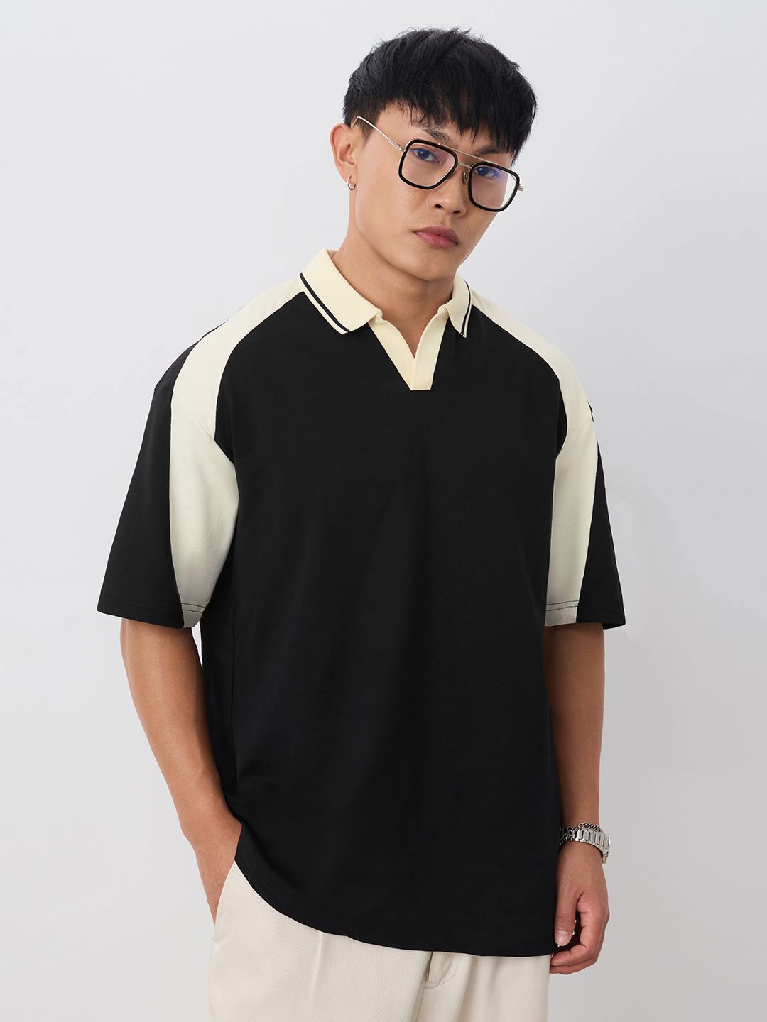 The Souled Store Men Colourblocked Polo Collar Pure Cotton Oversized T-shirt-picture-24