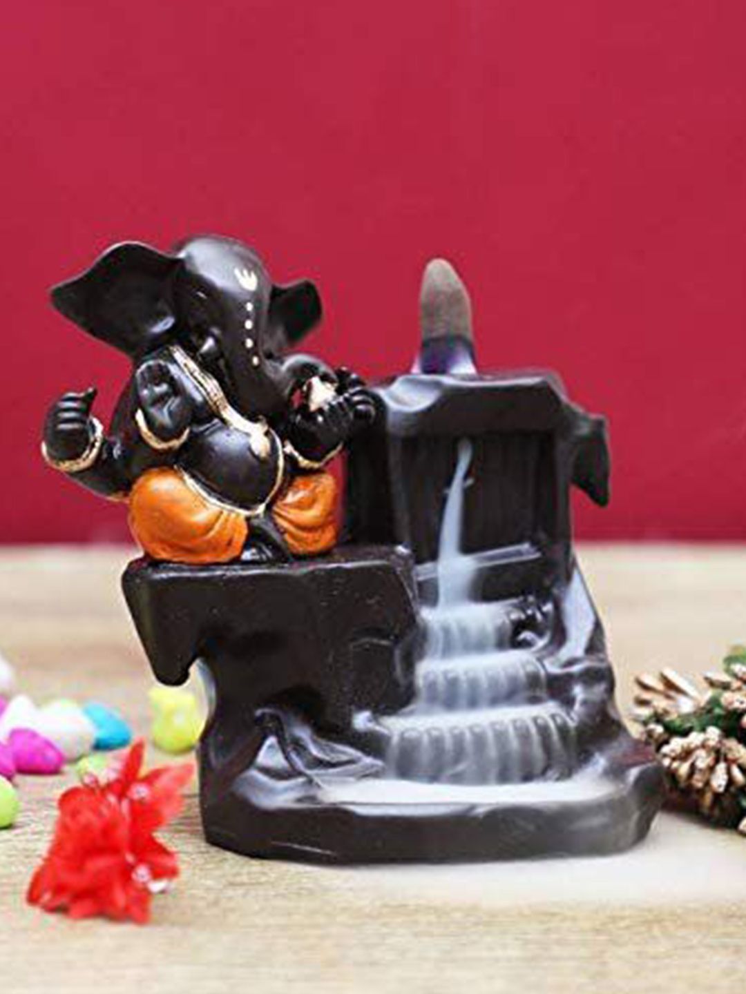 CRAFTAM Black & Orange-Colored Polyresin Ganesha Smoke Backflow Fountain With 1 Cone-image-24