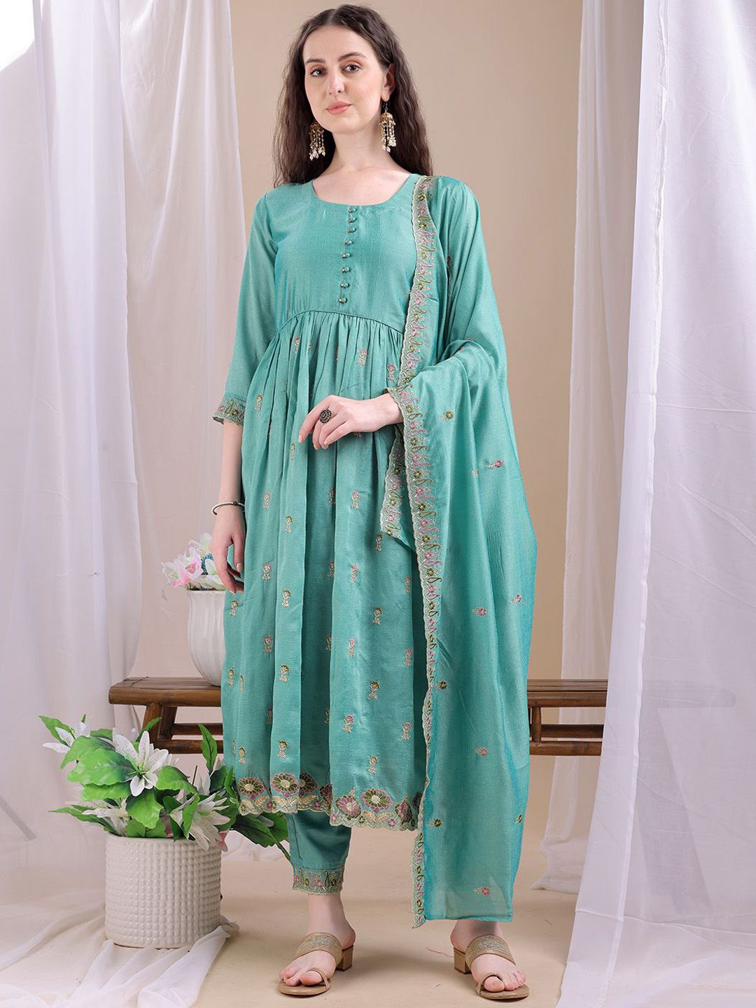 KALINI Ethnic Motifs Embroidered Anarkali Thread Work Kurta With Trousers & Dupatta