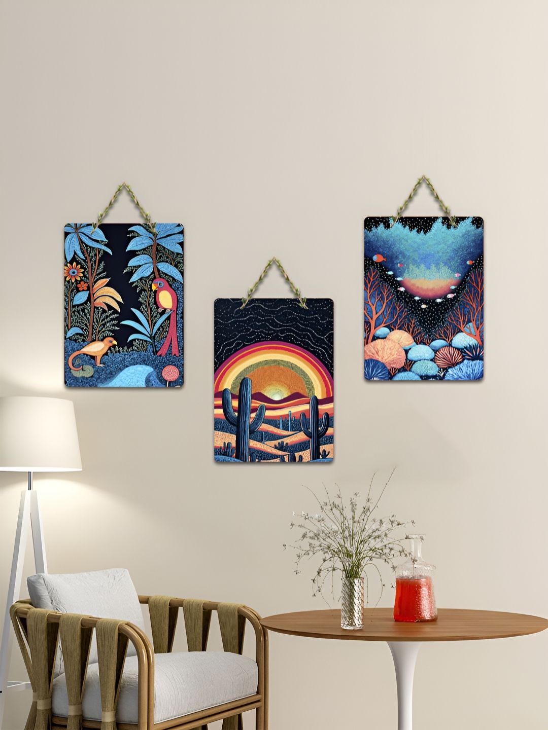 ArtVibes Blue & Black 3 Pieces Printed Wooden Wall Hanging Decors-picture-31