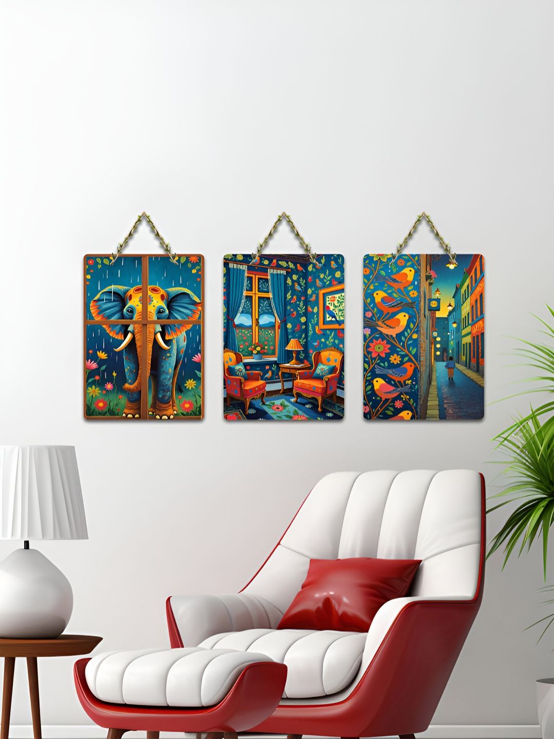 ArtVibes 3-Pcs Blue & Orange-Coloured Printed Wooden Wall Hanging Decor-picture-18