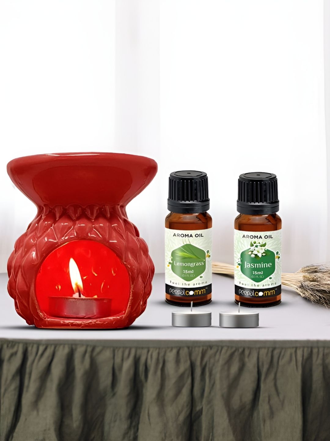 PEEPALCOMM 5Pcs Red Textured Ceramic T-light Aroma Diffuser With Oils - 15 ml Each-picture-6