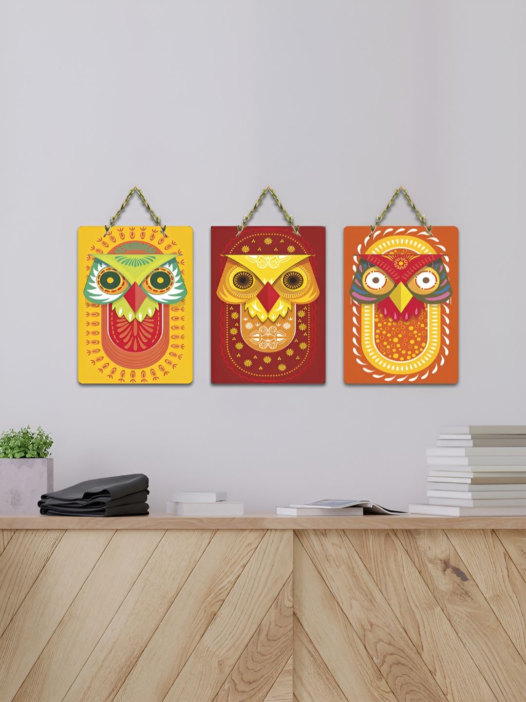 ArtVibes 3-Pcs Yellow & Red Tribal Owls Printed Wooden Wall Hanging Decor-picture-14