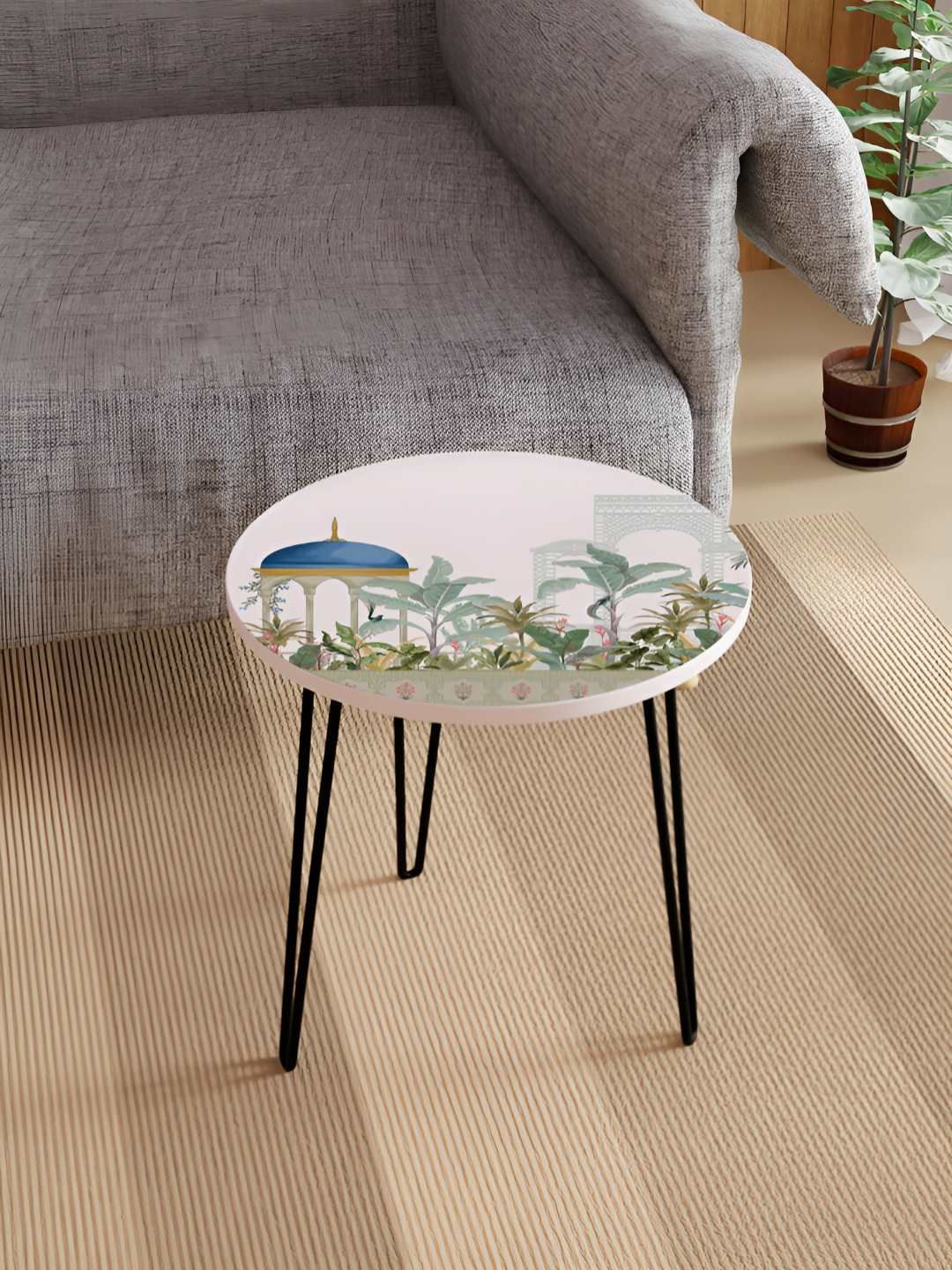 Jumig White & Black Printed Wooden & Metal Round Coffee Table