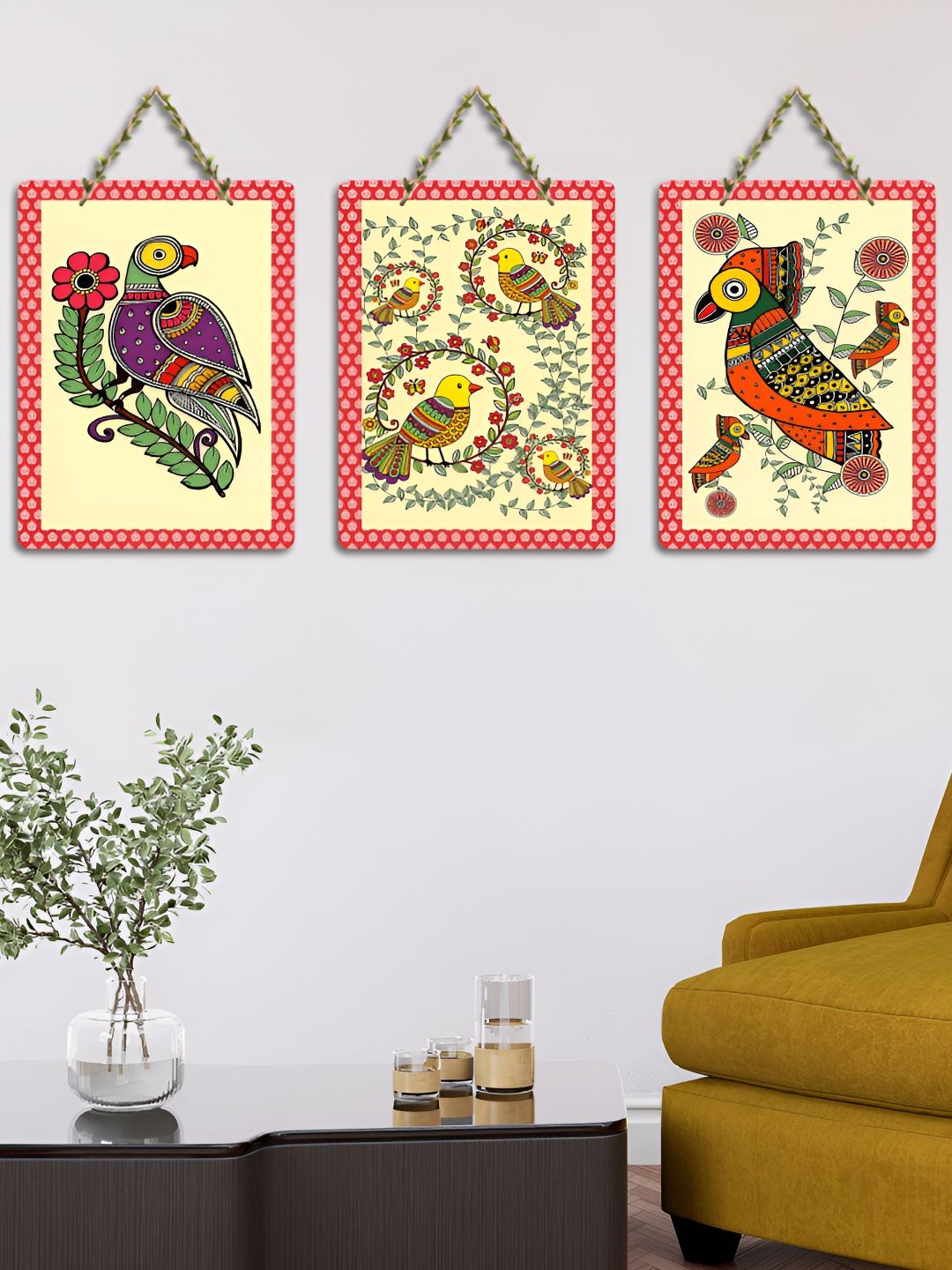 ArtVibes 3-Pcs Beige & Green Pichwai Printed Wooden Wall Hanging Decor-picture-28