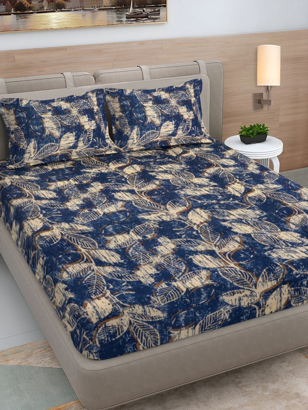 Myntra Elegant Homes Blue & Beige Ethnic Motifs King Bedsheet with 2 Pillow Covers-image-9