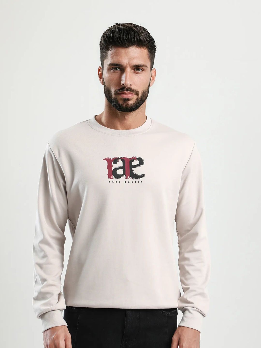 RARE RABBIT Men Typography Printed Round Neck Pullover Sweatshirt Pixen beige light-picture-38