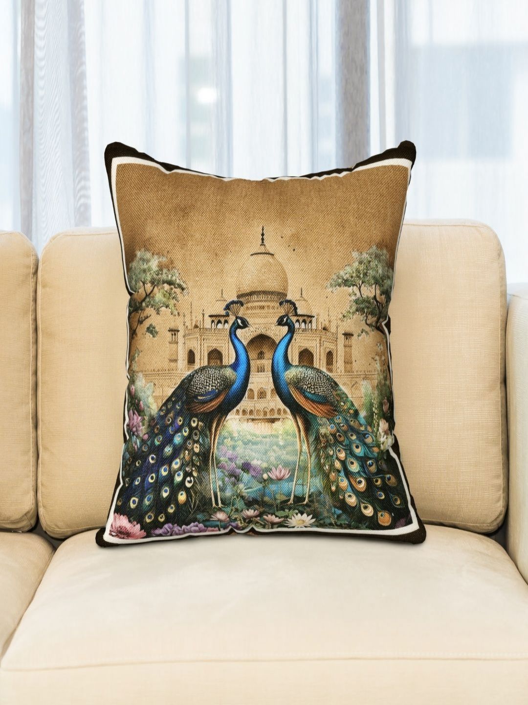 JAIPUR FABRIC Festive Brown & Green Peacock Printed Jute Square Cushion Covers-picture-46