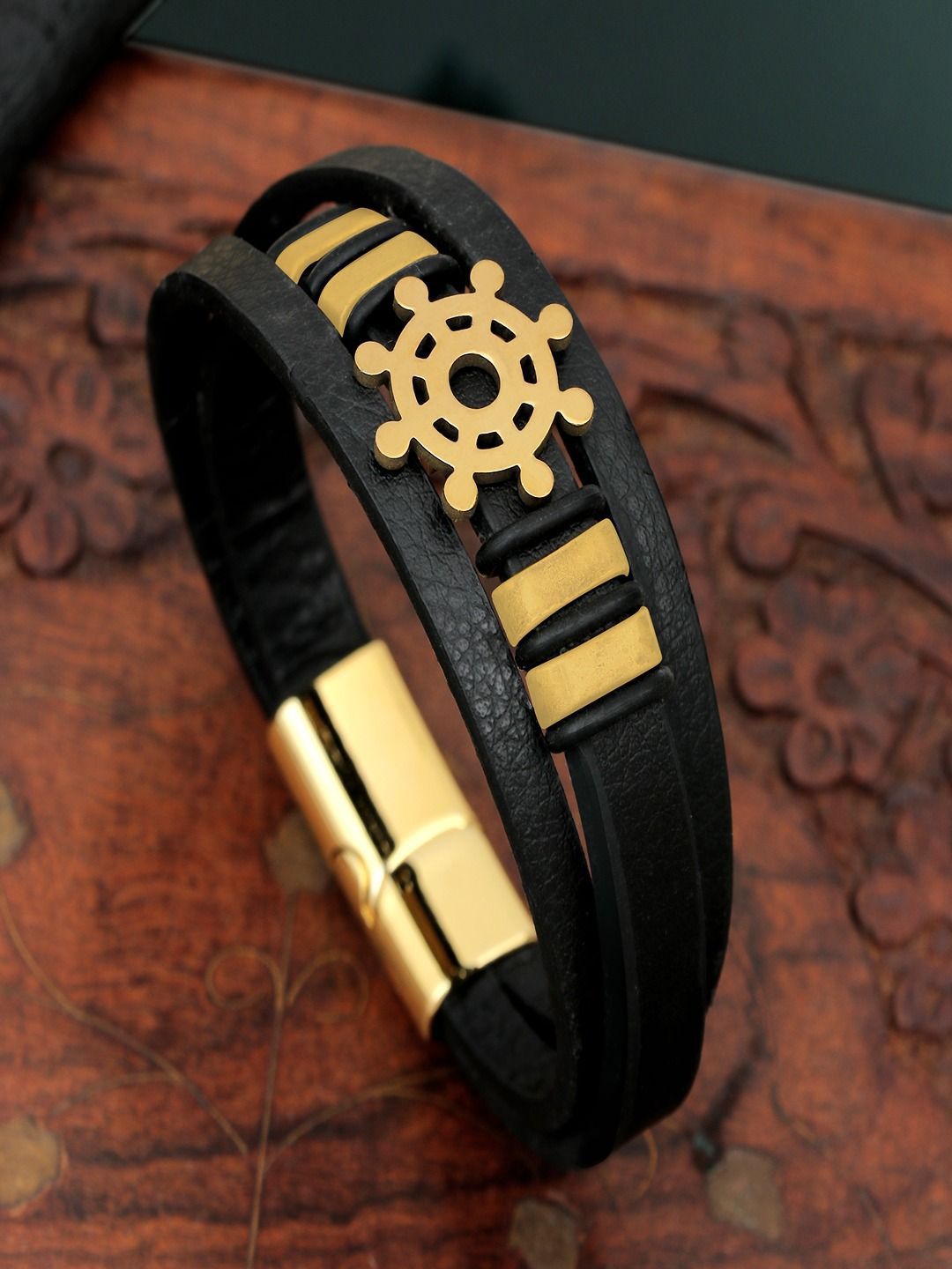 UNIVERSITY TRENDZ Men Leather Gold-Plated Wraparound Bracelet-picture-12