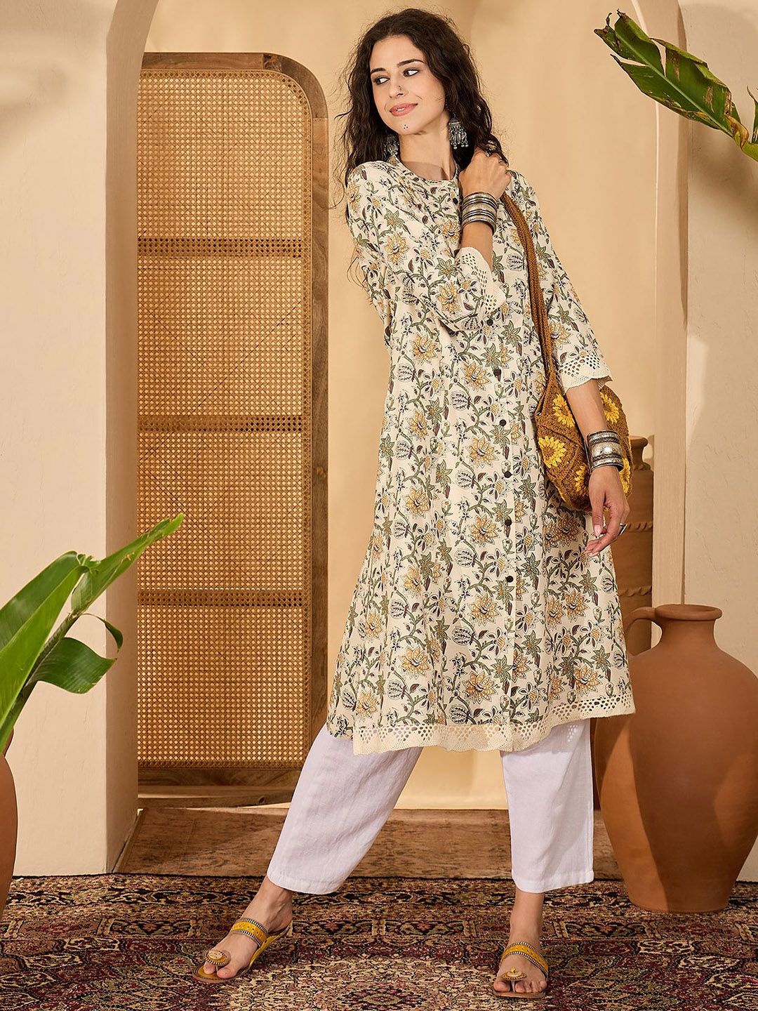 Sangria Floral Printed Mandarin Collar Pure Cotton Straight Kurta-picture-19