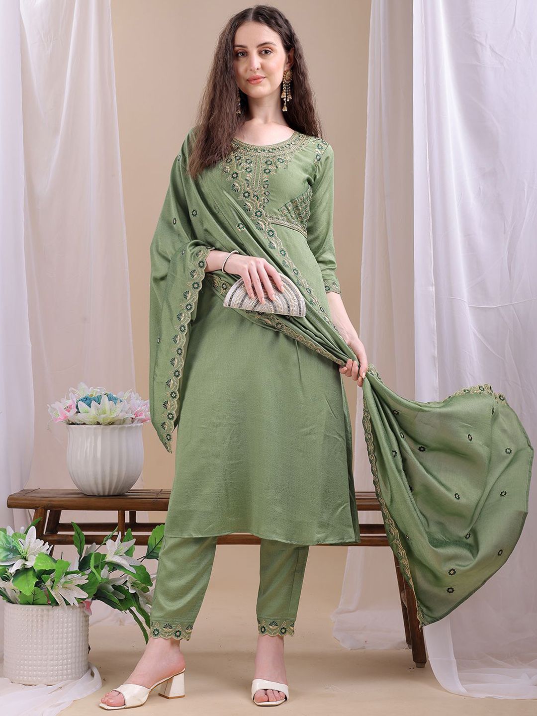 KALINI Ethnic Motifs Embroidered Straight Thread Work Kurta With Trousers & Dupatta