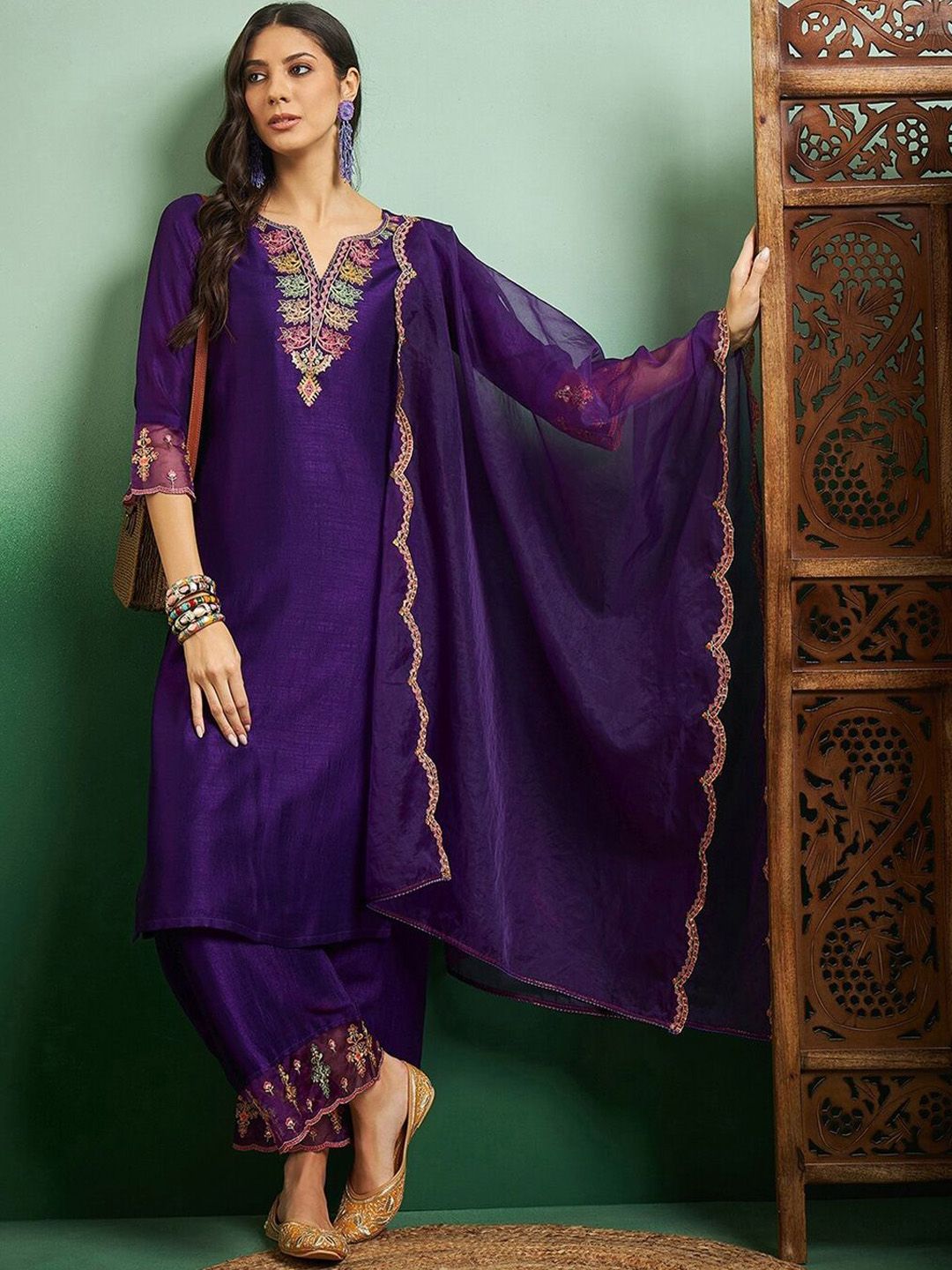 KALINI Ethnic Motifs Yoke Design Notch Neck Straight Kurta With Trouser & Dupatta