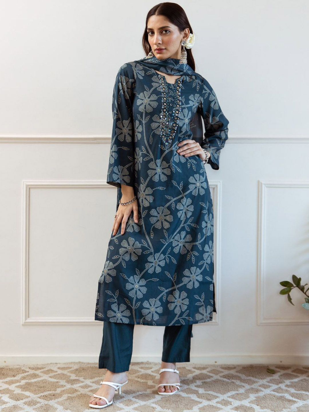 Anouk Women Bandhani Printed Square Neck Mirror Work Kurta with Trousers & Dupatta