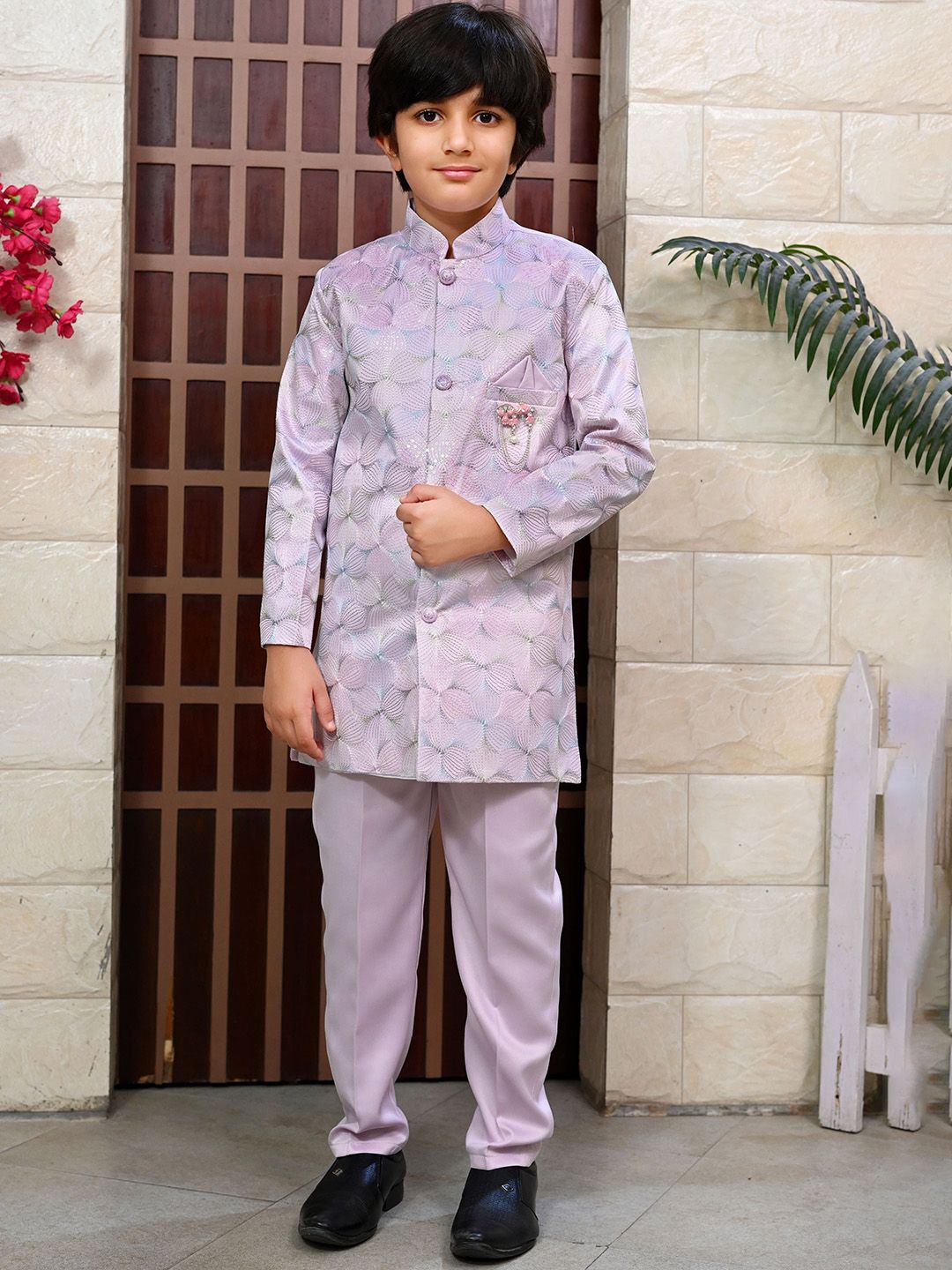 BT DEZINES Boys Floral Embroidered Sequined Sherwani Set-image-10