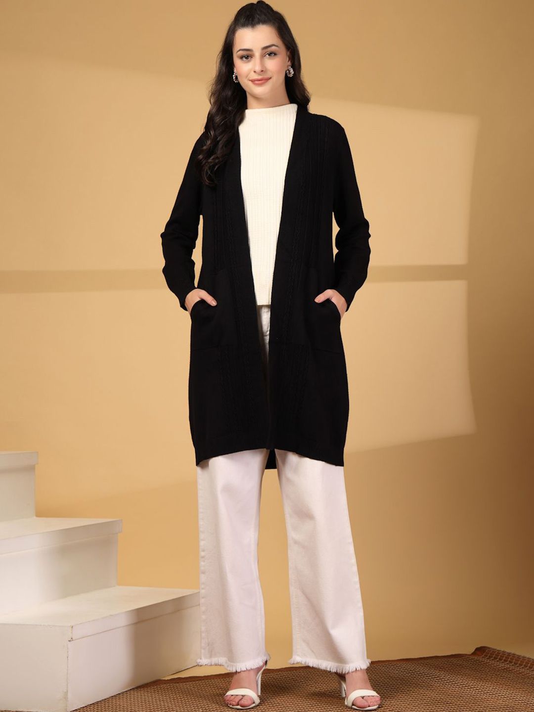Mafadeny Women Open-Front Mid-Thigh Length Shrug with Pockets-picture-45