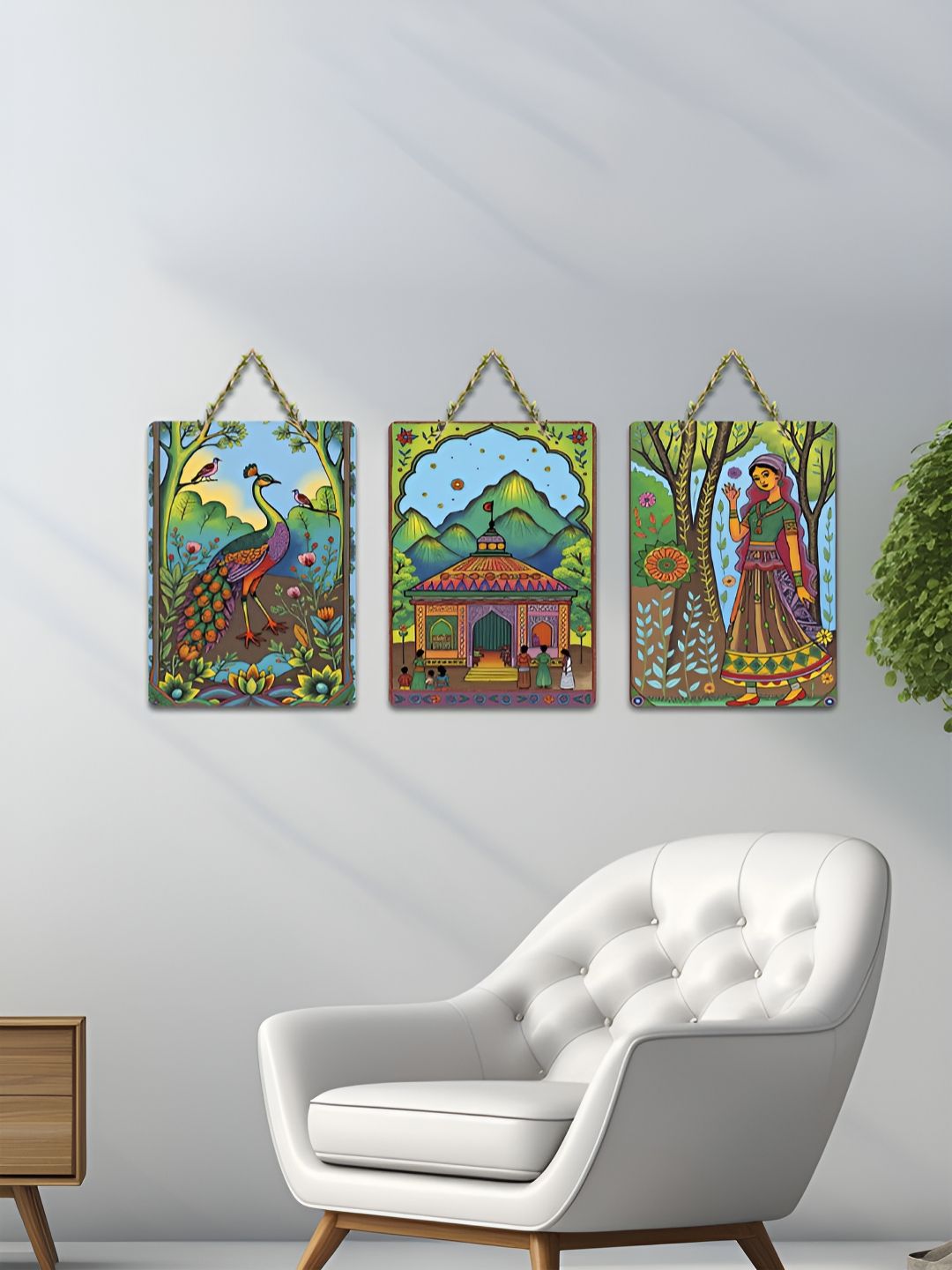 ArtVibes 3-Pcs Green & Blue Village Scenery Printed Wooden Wall Hanging Decor-picture-10