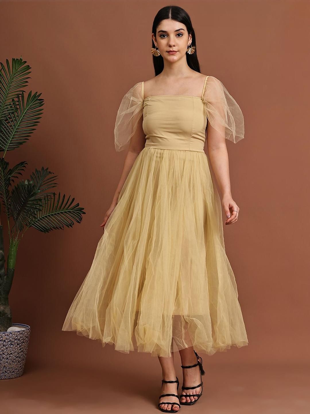 JAKANARY Flared Sleeve Ruffled Net Fit & Flare Maxi Dress