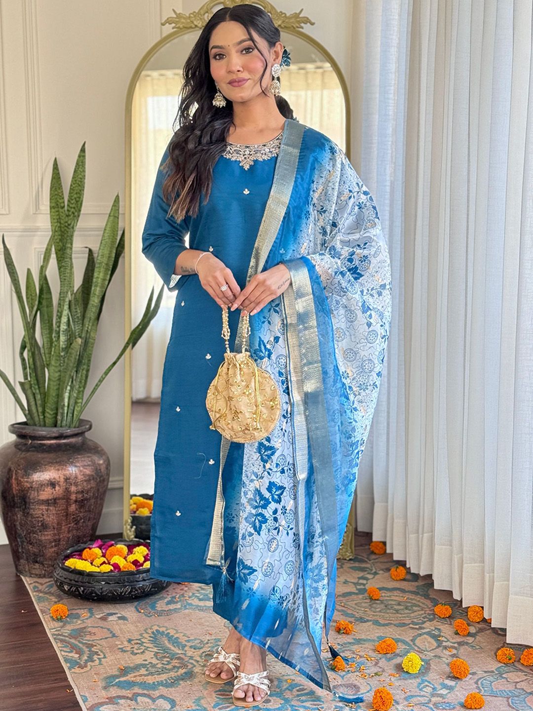 KALINI Floral Embroidered Thread Work Cotton Silk Straight Kurta With Trousers & Dupatta