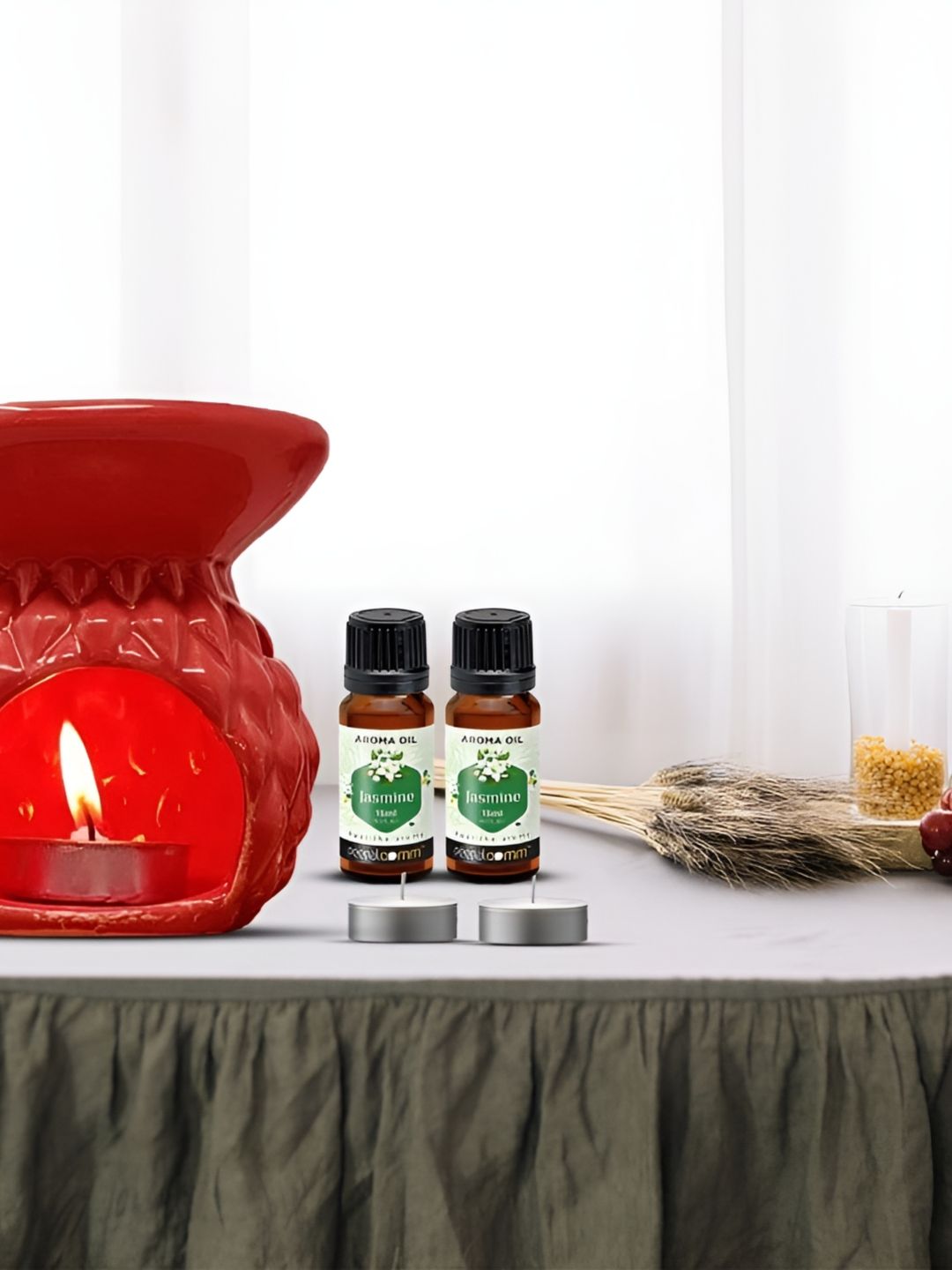 PEEPALCOMM 5Pcs Red Textured Ceramic T-light Aroma Diffuser With Jasmine Oils - 15 ml Each-picture-18