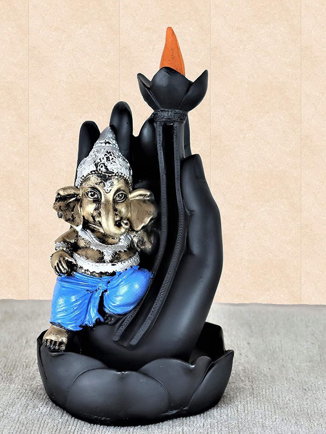 CRAFTAM Black & Blue Ganesha Sitting on Palm Smoke Backflow Fountain With 1 Scented Cone
