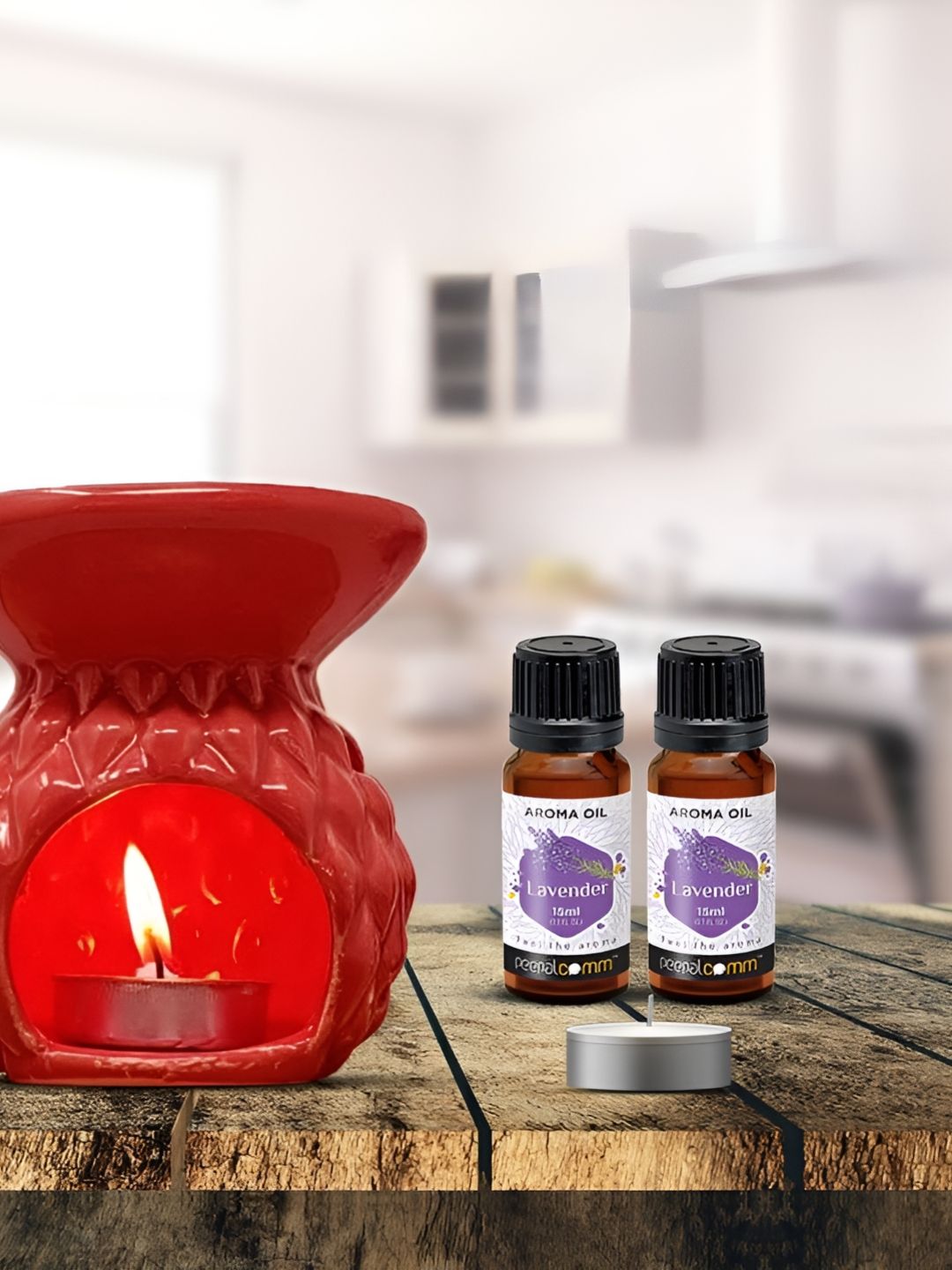 PEEPALCOMM 5Pcs Red Textured Ceramic T-light Aroma Diffuser With Lavender Oils - 15ml Each-picture-21