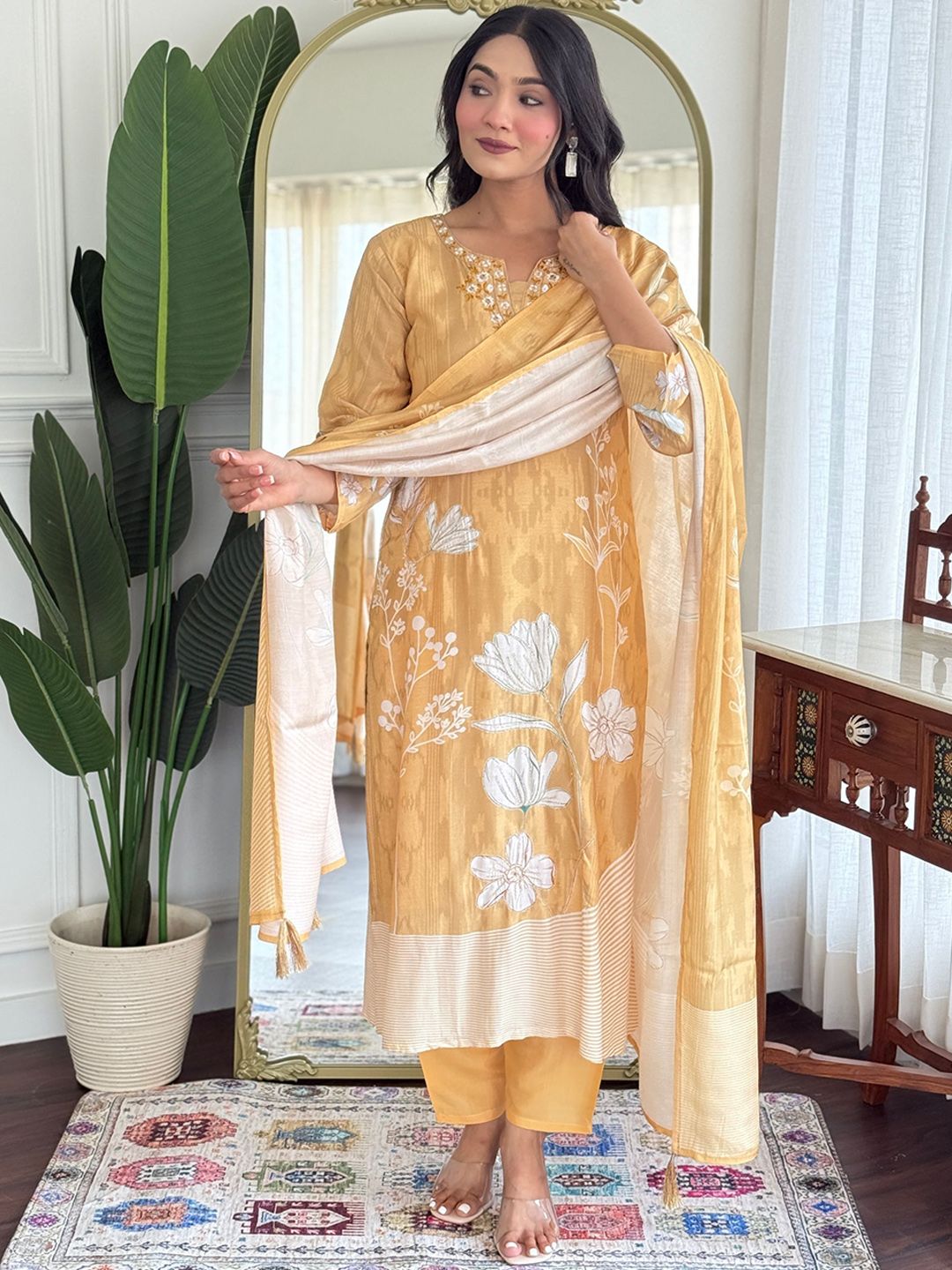 KALINI Women Floral Embroidered Regular Thread Work Kurta with Trousers & Dupatta