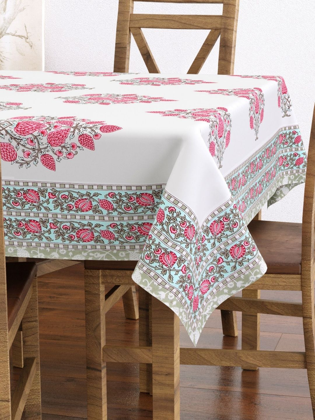 Texstylers White & Pink Floral Printed Anti-Slip Cotton 6-Seater Table Cover-picture-29