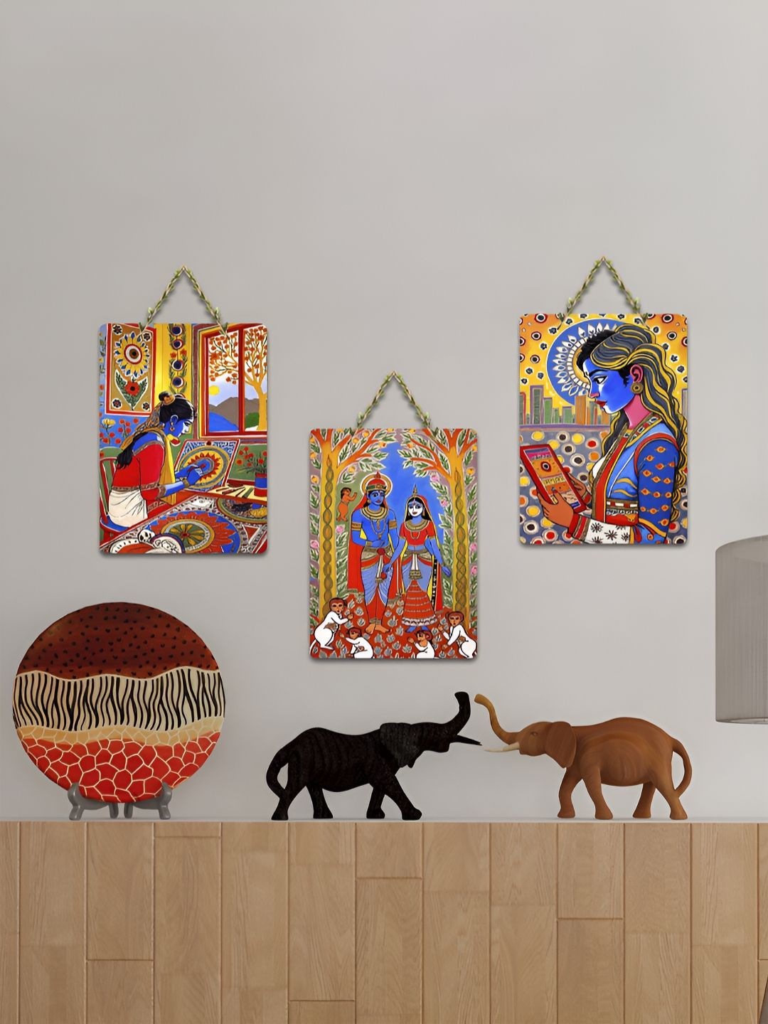 ArtVibes Blue & Red 3 Pieces Tradition Meets Today Printed Wooden Wall Hanging Decors-picture-10